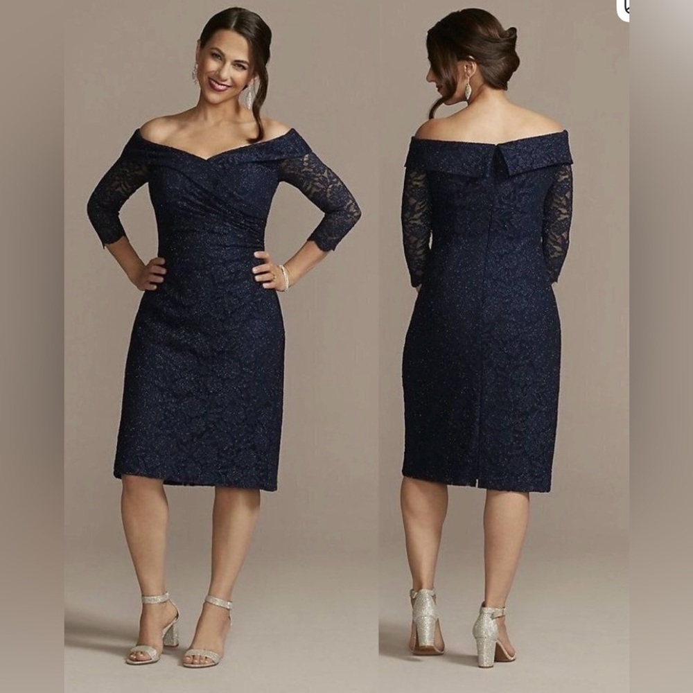 Oleg Cassini Navy Lace Midi Dress with Wrap V-Neck size 8